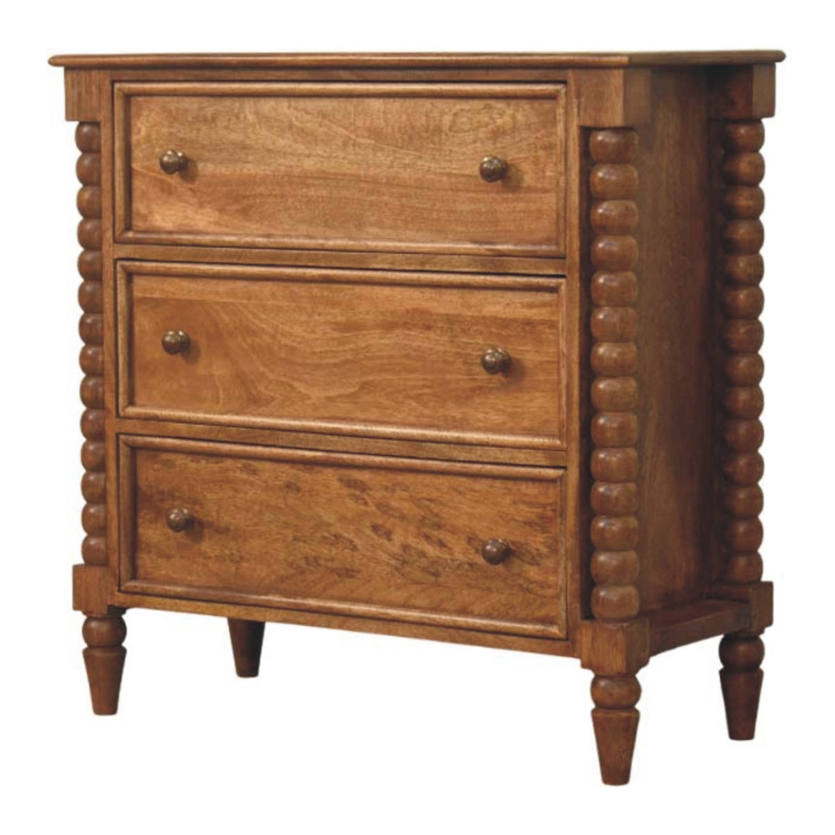 Artisan Furniture Solid Wood Spindle Chest of Drawers with 3 Drawers – Bedroom Storage, Amber Oak Brown
