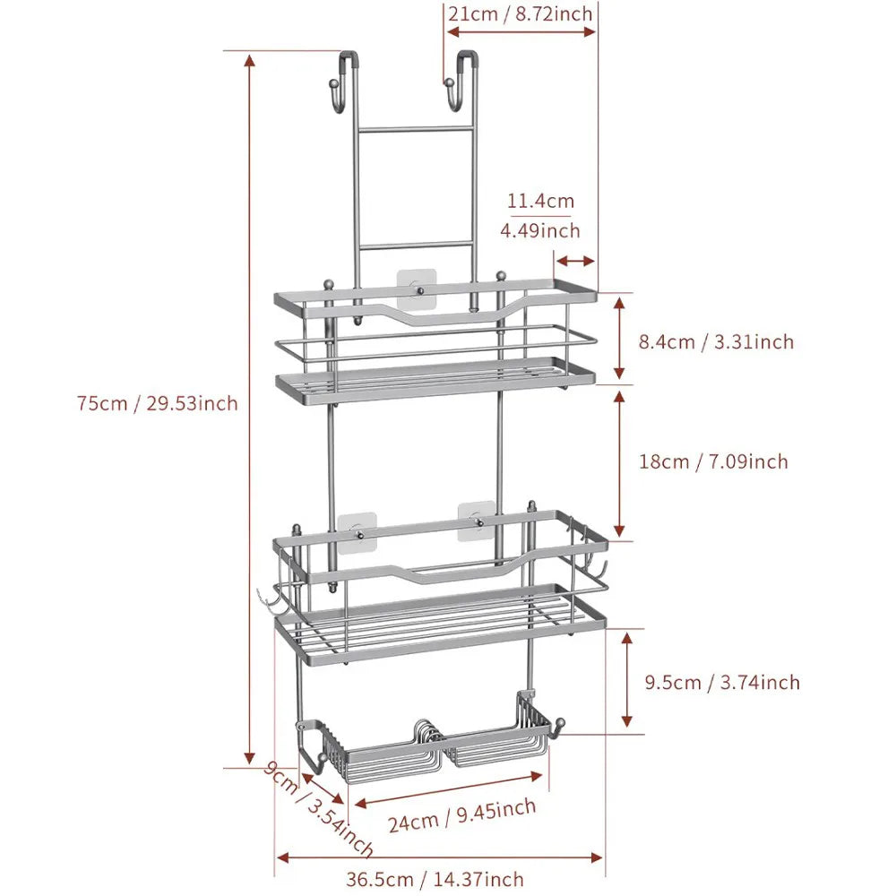 3 Tier Screen Shower Caddy Bathroom Storage Organiser Hanging Tidy Rack Basket-Silver