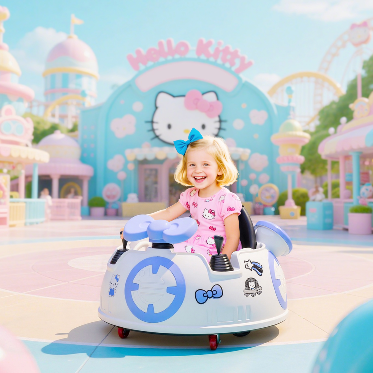 Hello Kitty 6V Electric Ride-On Bumper Car with Joystick, Remote Control & Music – Kids Ages 18-60 Months