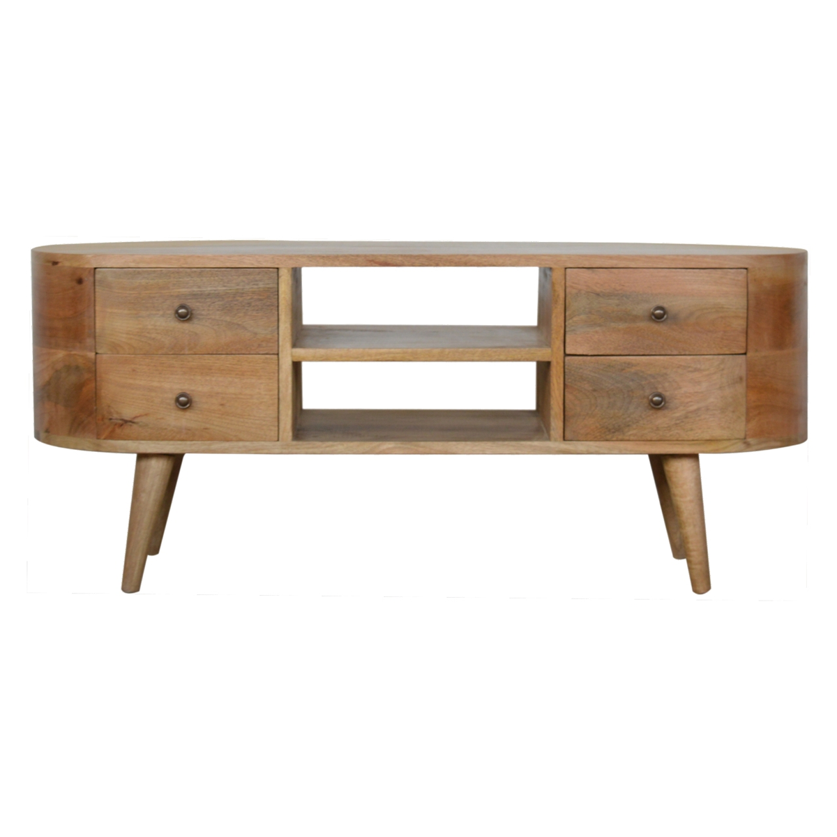Artisan Furniture Rounded Media Unit in Solid Mango Wood, 4 Drawers & 2 Open Slots – Bedroom, Beige