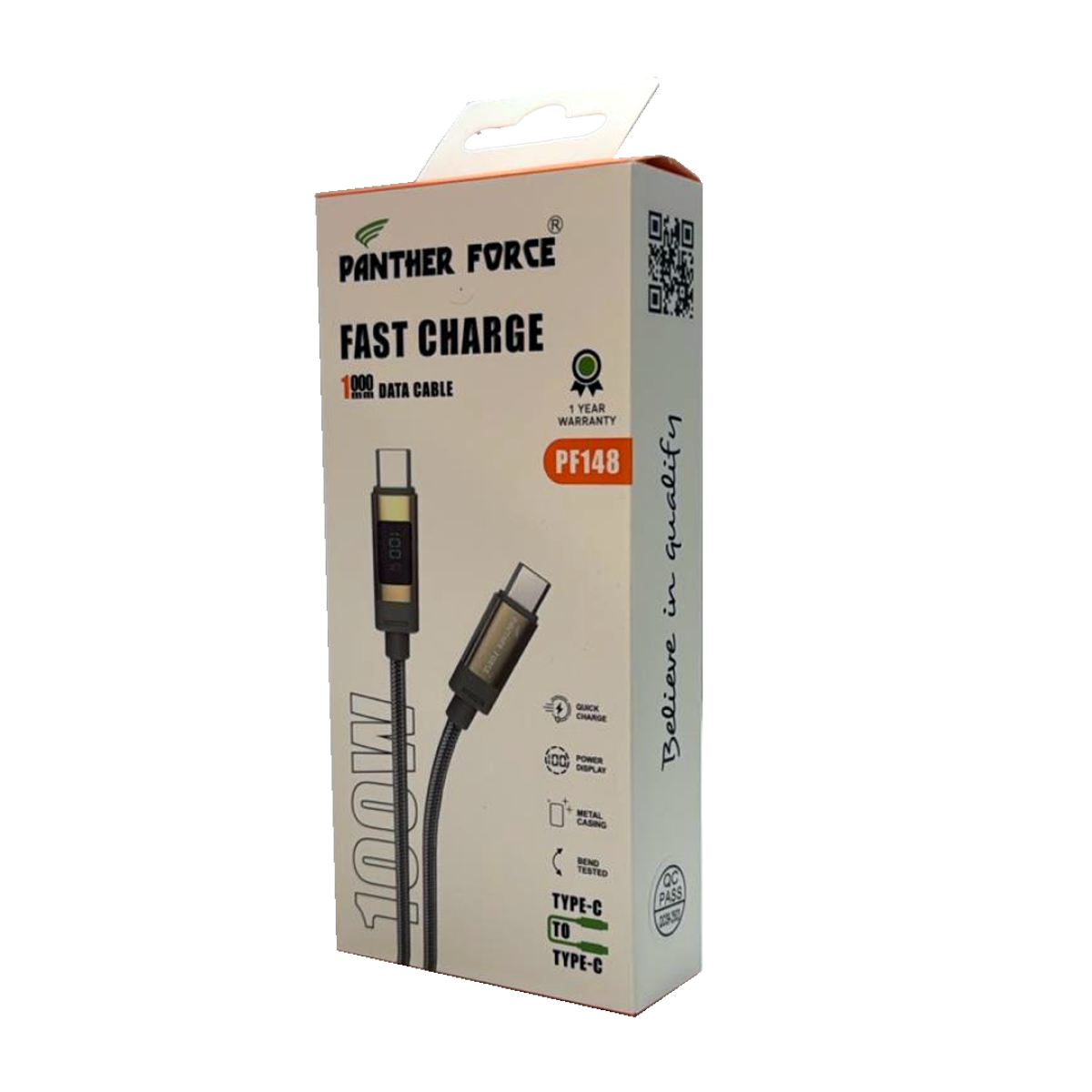 Panther Force 100W Type-C to Type-C Cable with LED Indicator – Fast Charging for Laptops, Tablets and Phones
