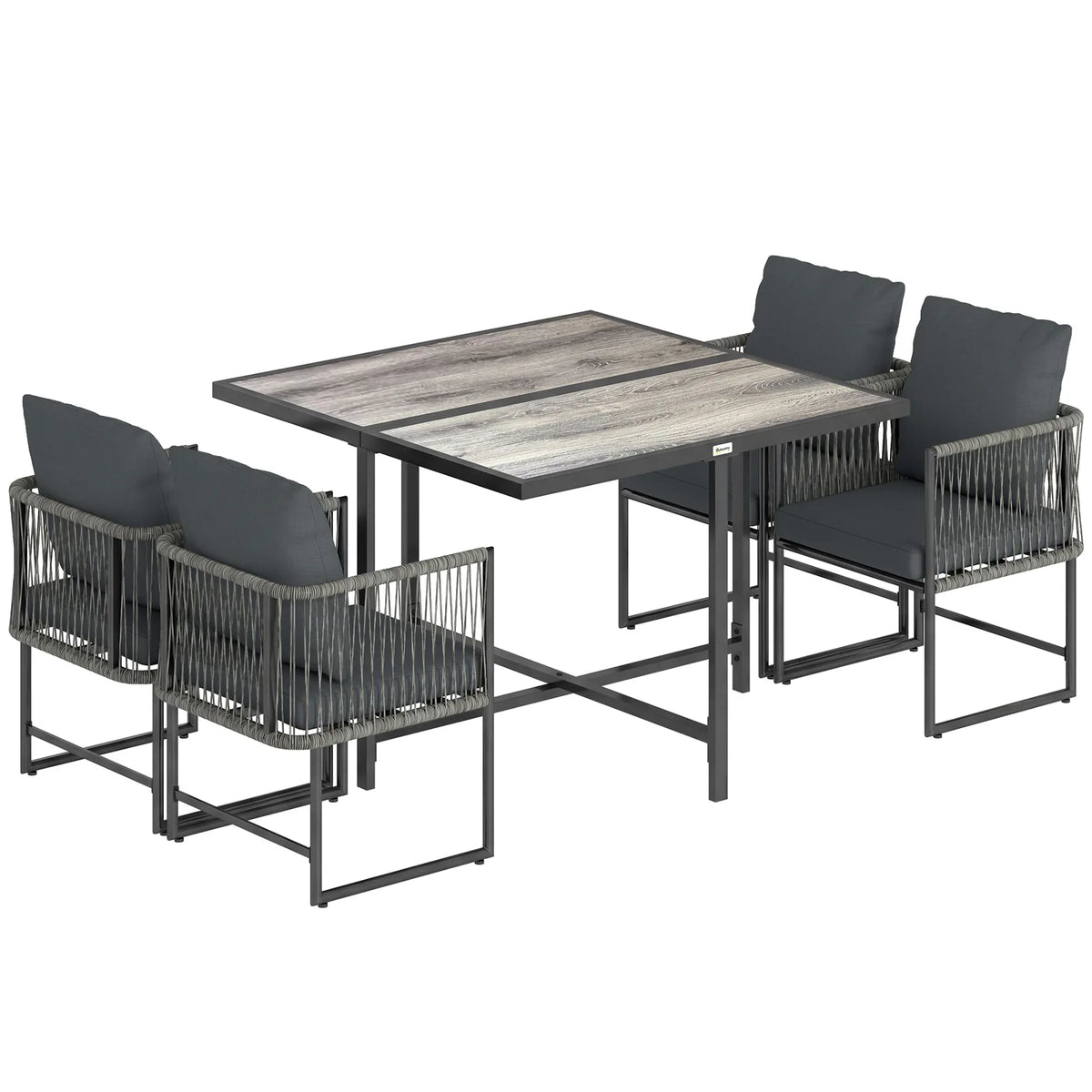 Outsunny 4-Seater Rattan Garden Dining Set – 108cm Wood-Effect Table and Space-Saving Chairs with Thick Cushions, Black