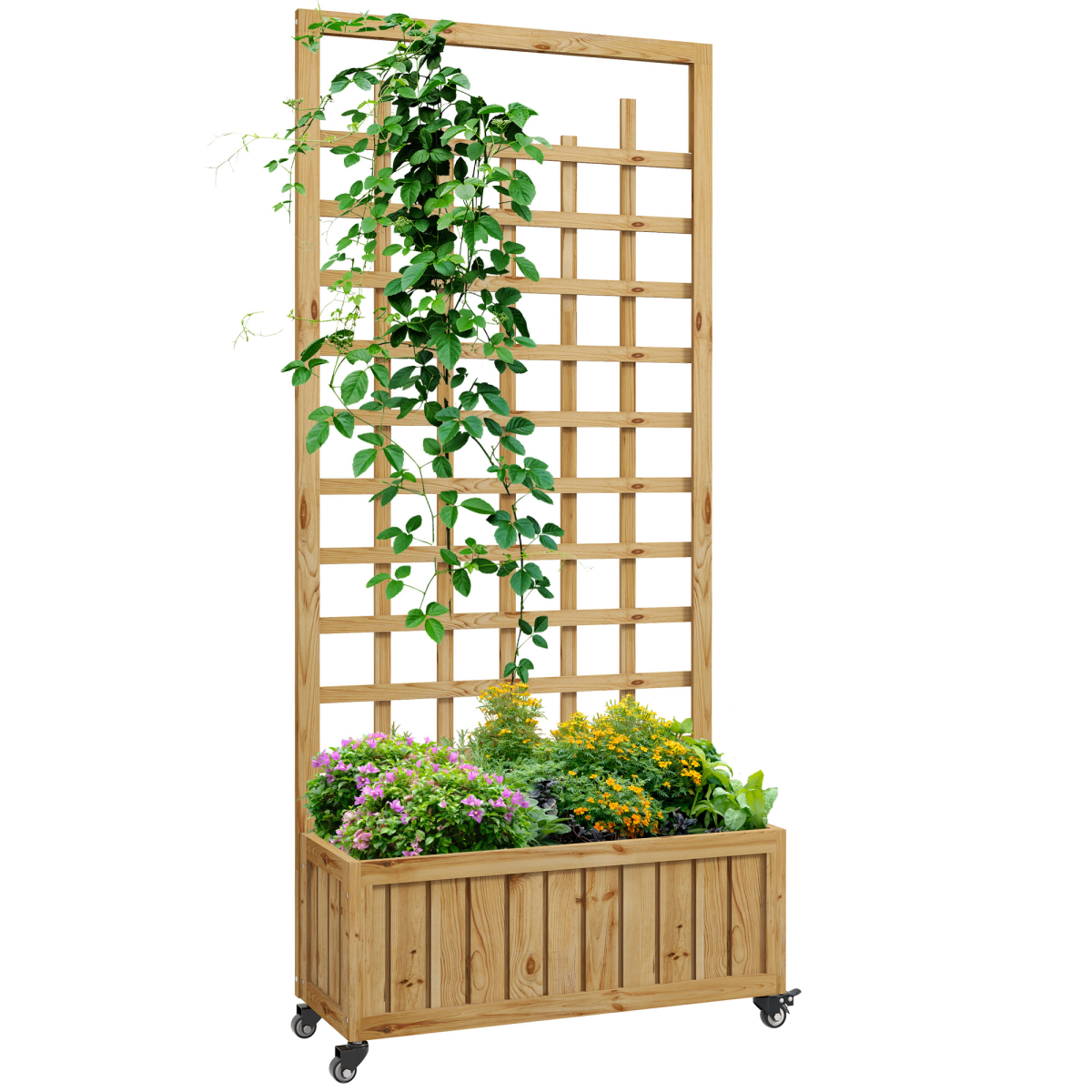 Outsunny Wooden Trellis Planter Raised Bed with Wheels & Liner, 54L – Climbing Plants, Natural Wood