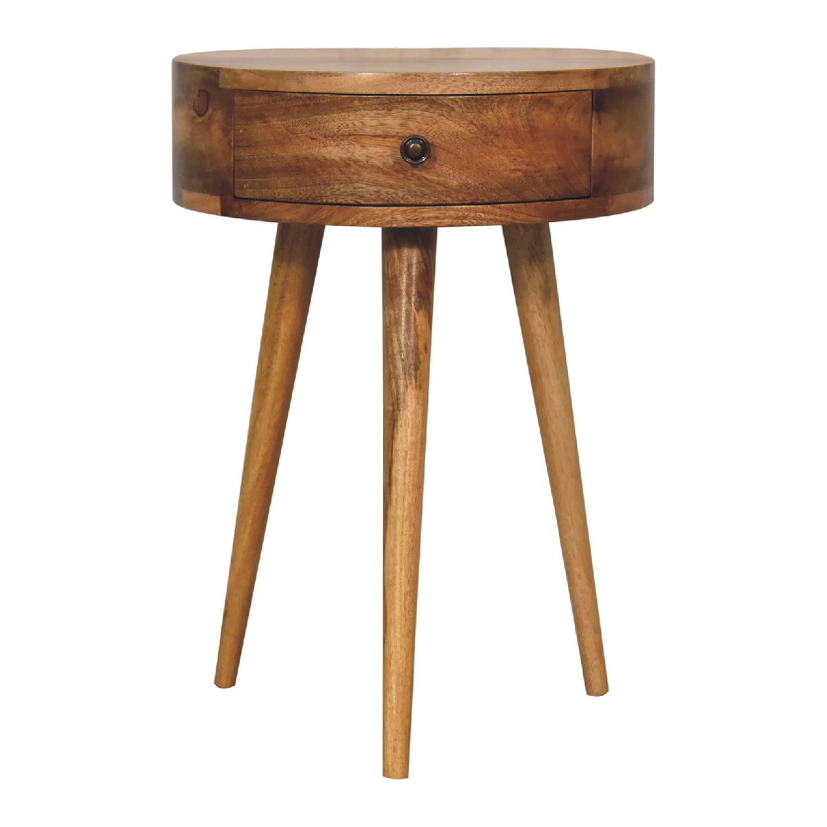 Artisan Furniture Mini Circular Bedside Table with Drawer – Solid Mango Wood, Oak-ish Finish, Brown