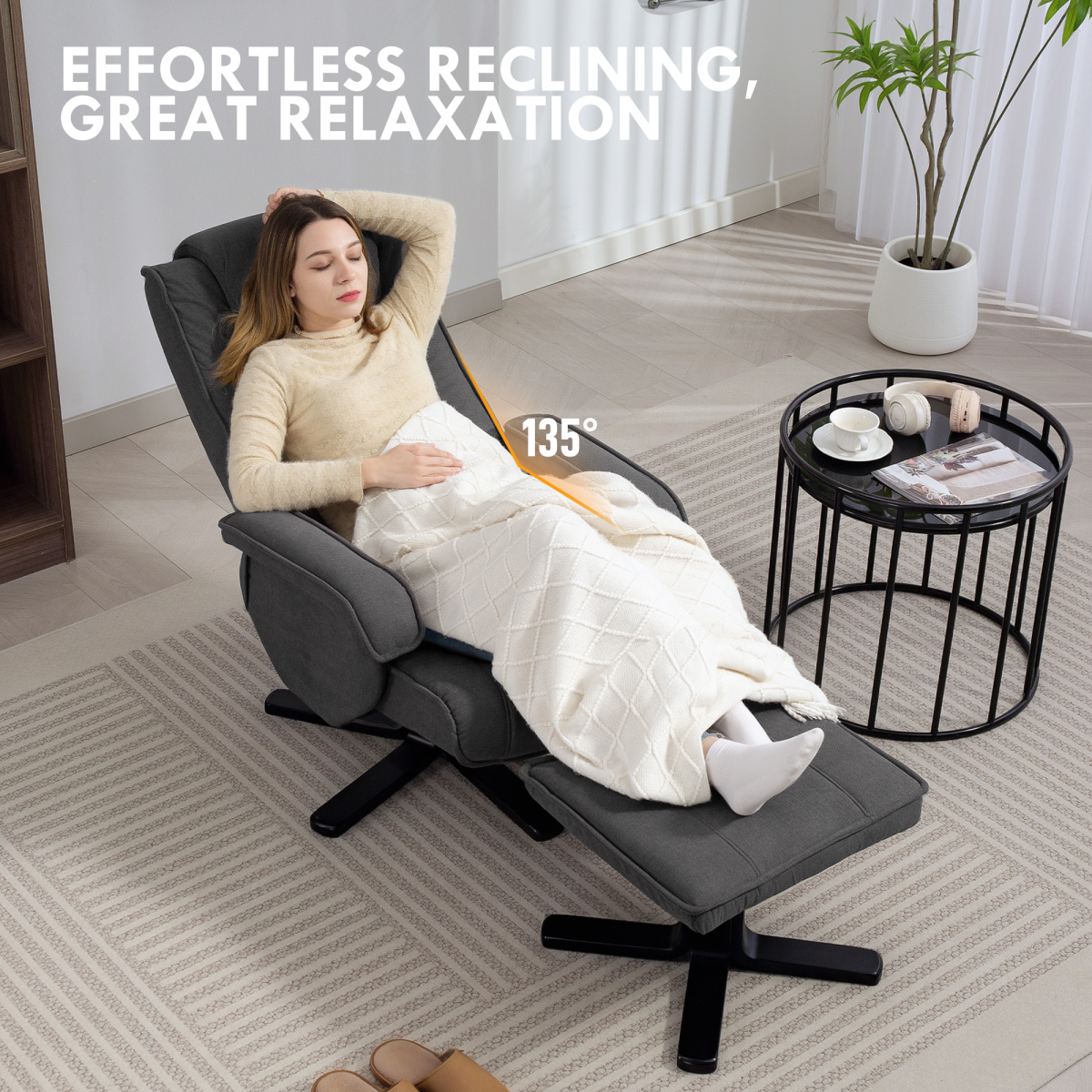 Swivel Recliner Chair with Footstool, 135° Manual Recline & Velvet-Feel Fabric – Armchair, Charcoal Grey