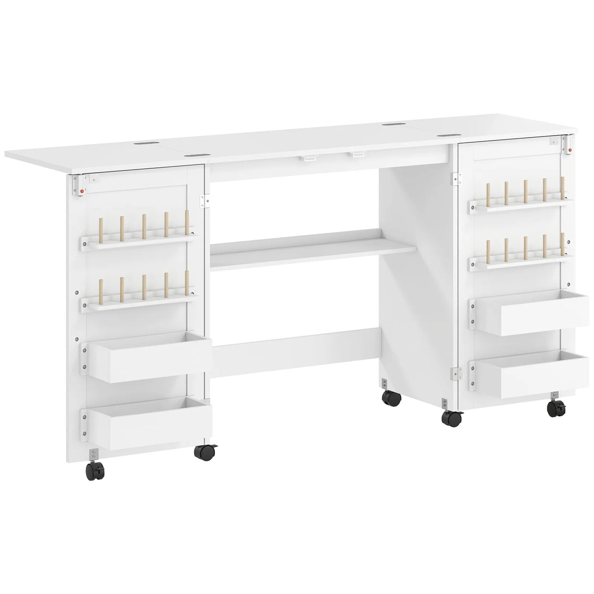 HOMCOM Folding Sewing Table with 2 Magnetic Doors and Lockable Wheels – Craft Cabinet, White