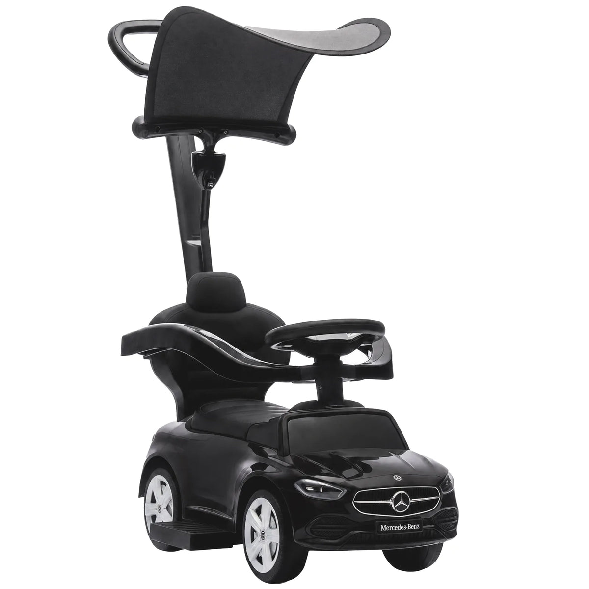 AIYAPLAY 4 in 1 Licensed Mercedes-Benz Ride On Push Car with Canopy, Guardrails, Horn and Music – 12–36 Months, Black