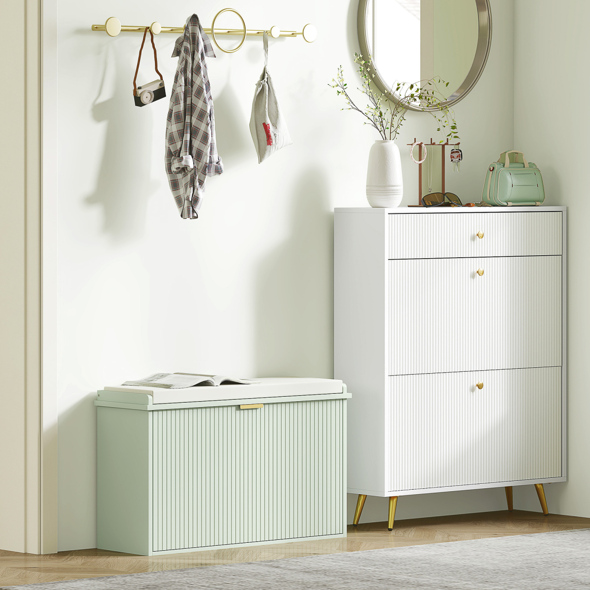 Shoe Storage Bench with Cushioned Seat & Drawer for 8 Pairs – 80cm Hallway Shoe Cabinet, Green and Beige