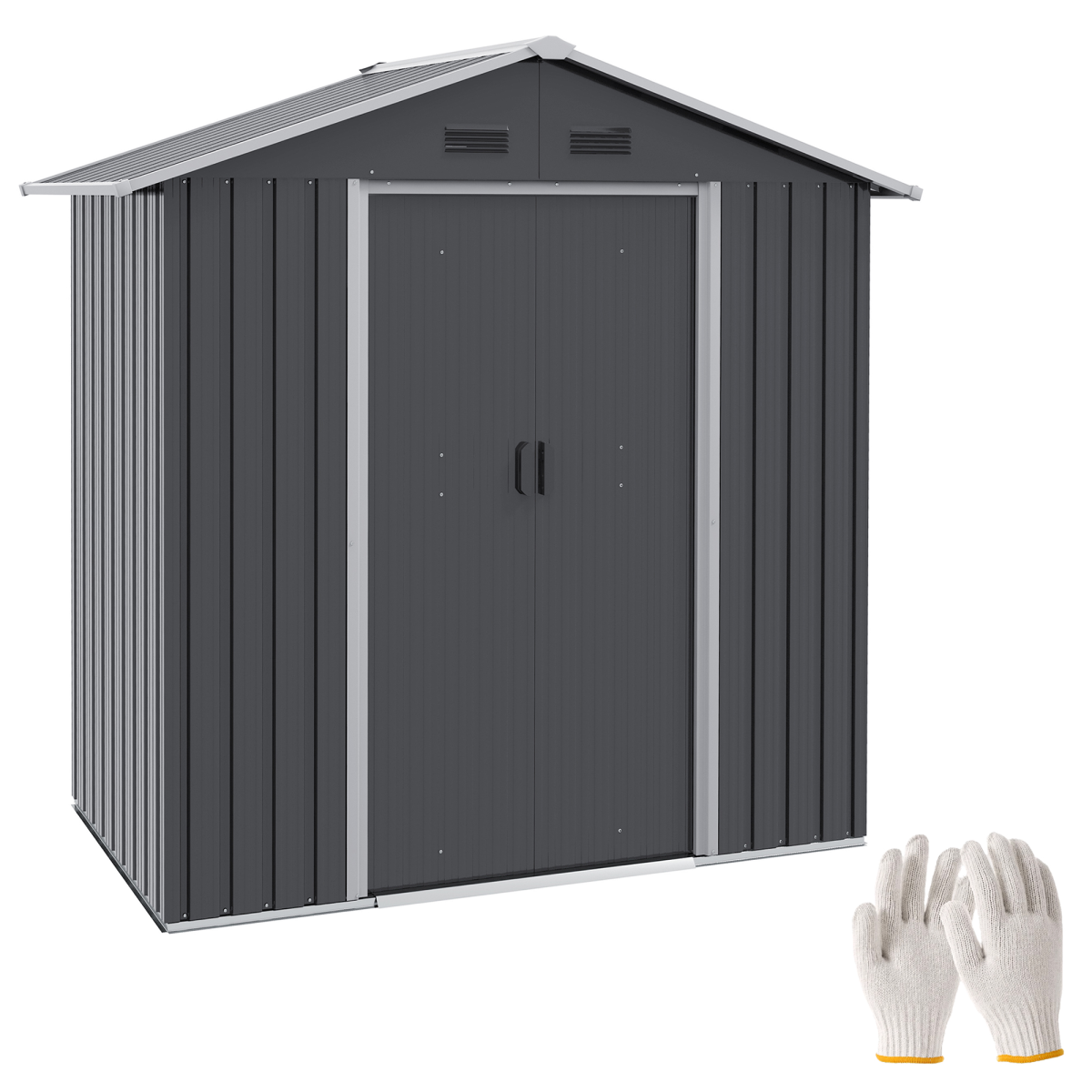 Outsunny 6.5 x 3.5ft Galvanised Steel Garden Shed with Double Sliding Doors and Vents – Outdoor Storage, Dark Grey