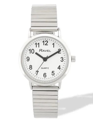 Ravel Ladies Everyday White Dial Watch with Silver Stainless Steel Expander Bracelet, 27mm