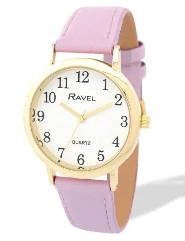 Ravel Ladies Gold-Tone Watch with White Dial and Purple Faux Leather Strap, Medium Case
