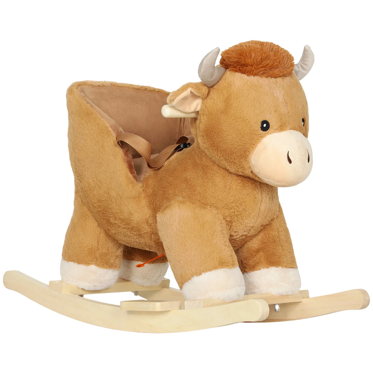AIYAPLAY Baby Rocking Horse with Safety Belt and Wooden Base – Cow Animal Rocker for Children, Brown