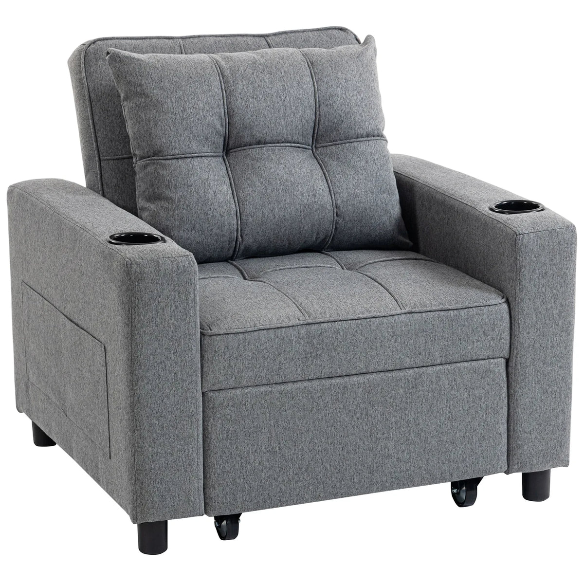 HOMCOM 3-in-1 Single Sofa Bed with Three-Level Back, Cup Holders and Pillow – Convertible Sleeper Chair Bed, Dark Grey