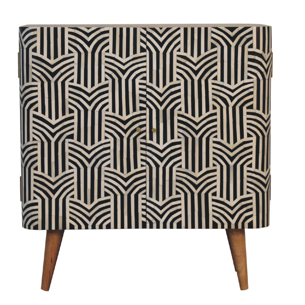 Artisan Furniture Solid Wood Edessa Bone Inlay Cabinet with 2 Shelves and Nordic Legs – Boho Style, Black & White