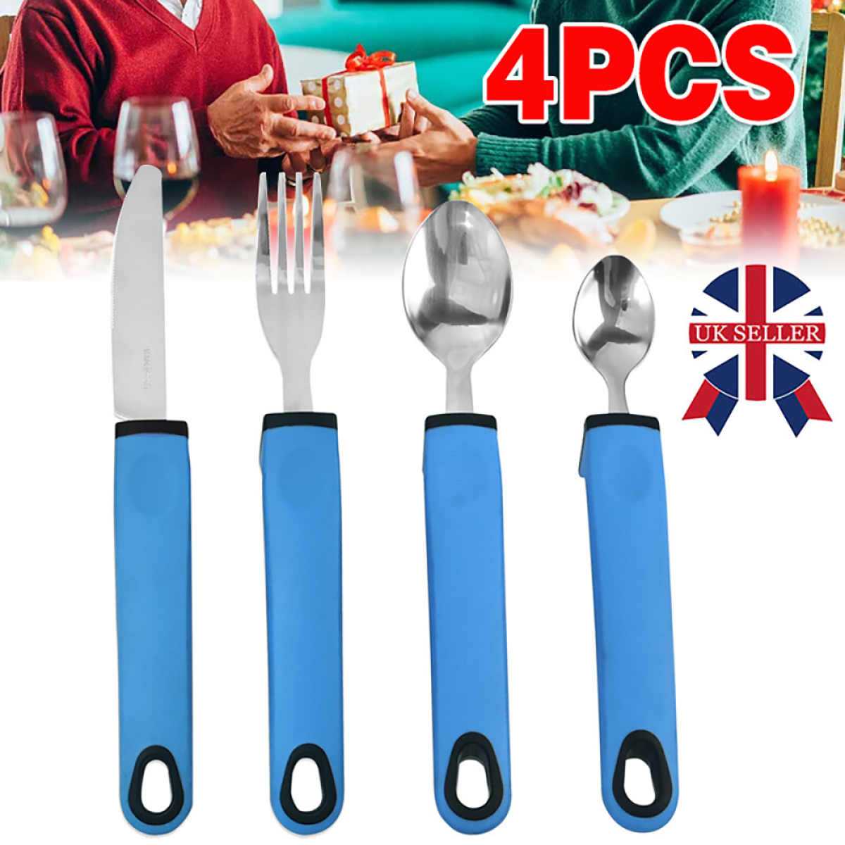 Easy Grip Adaptive Cutlery Set with Rubber Handles – Spoon, Fork, Knife & Teaspoon, Stainless Steel