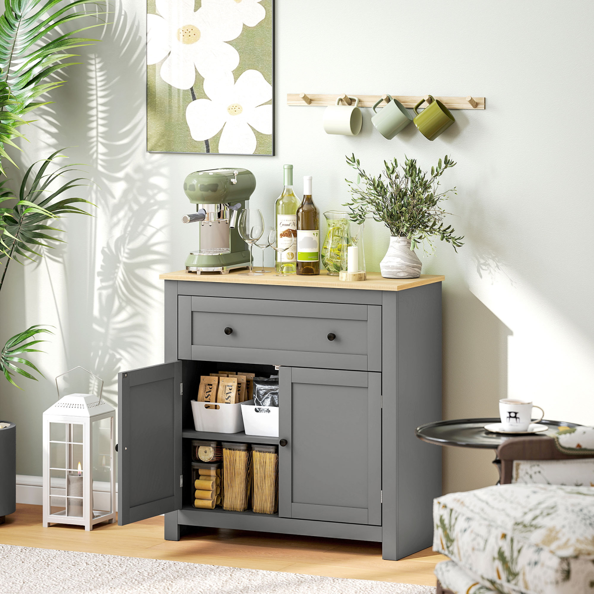 Kitchen Sideboard Storage Cabinet with Drawer & Adjustable Shelves – Freestanding Cupboard, Grey and Oak