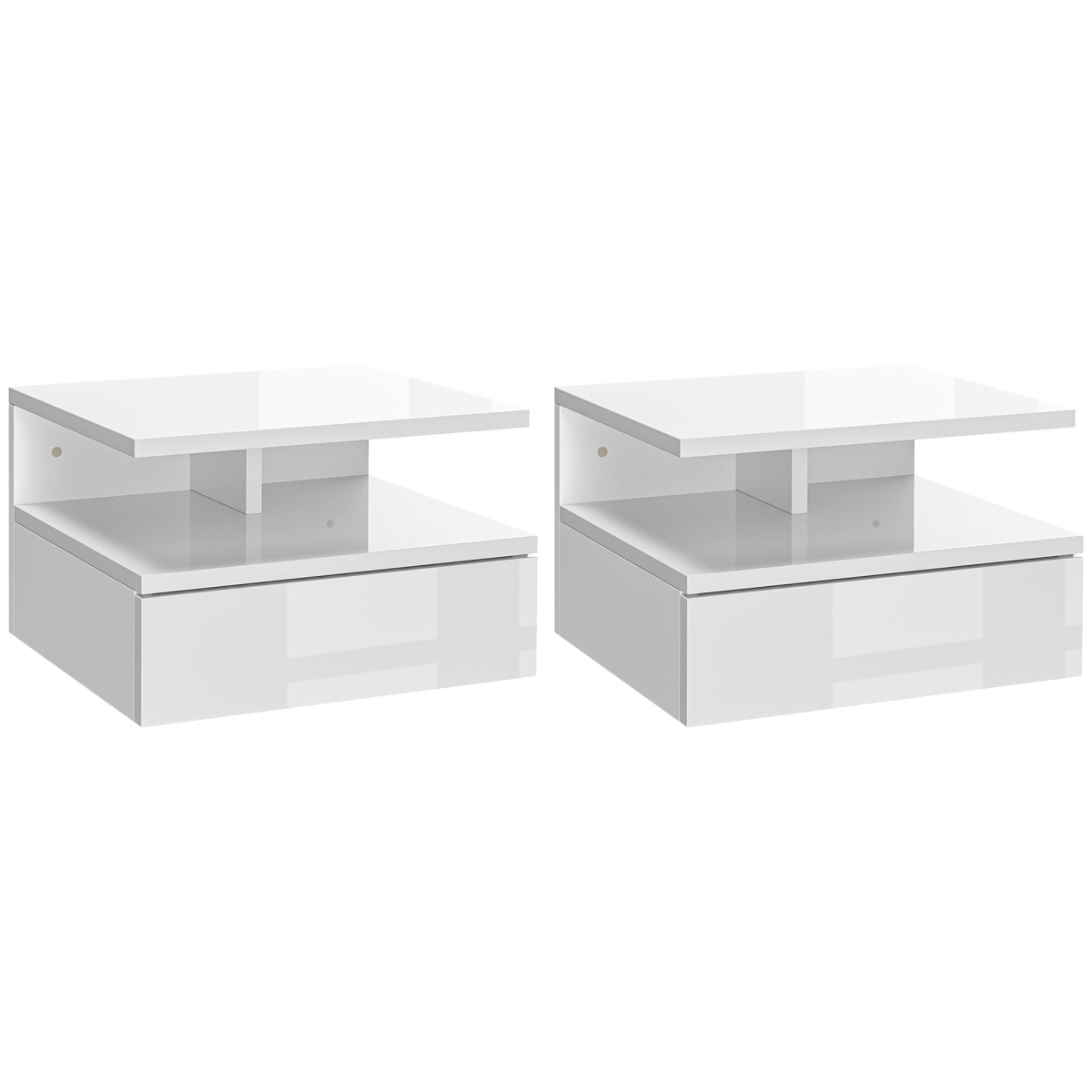 HOMCOM Set of 2 Floating Wall Mounted Nightstands with Drawer and Shelf – Bedside Cabinets, High Gloss White