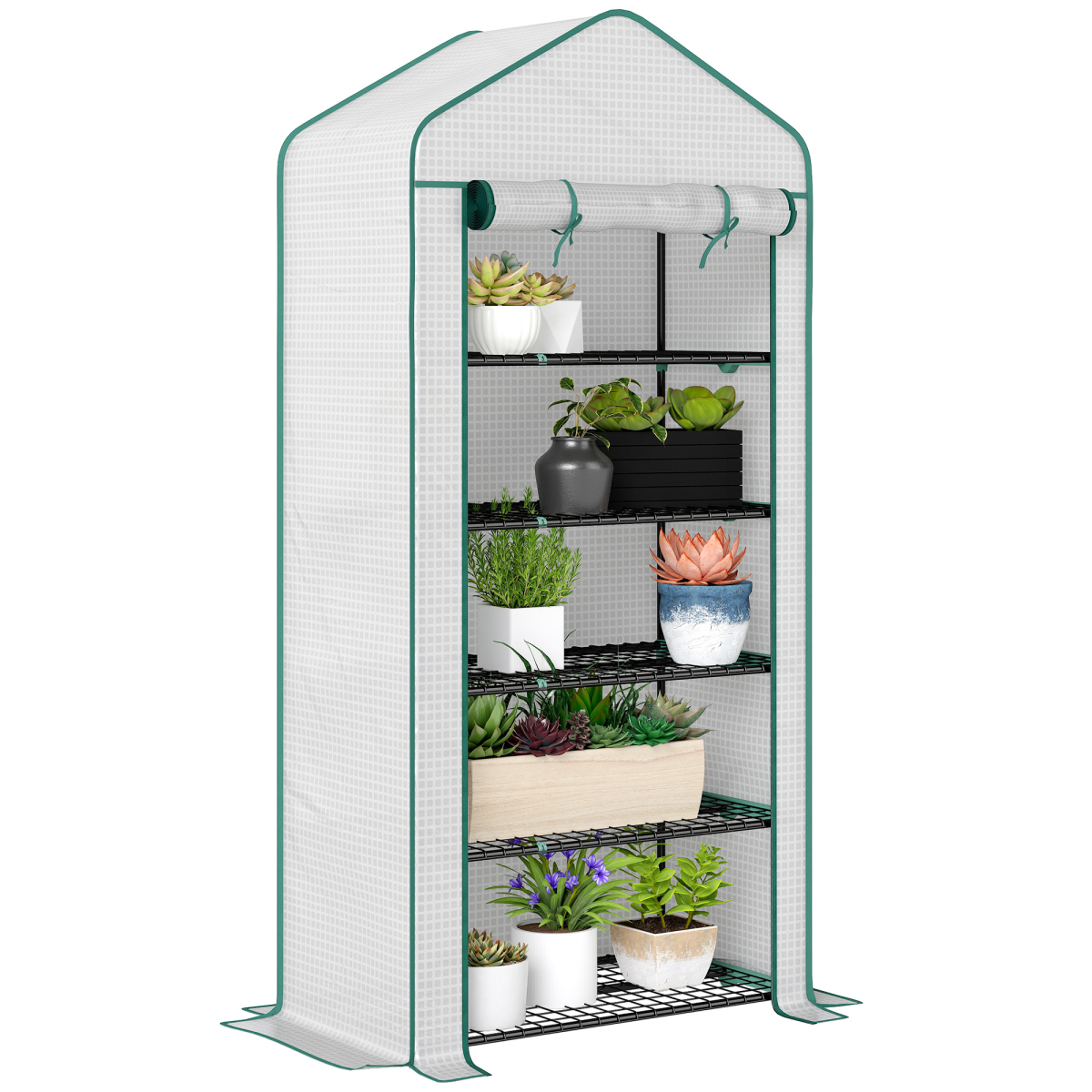 Outsunny 5-Tier Widened Mini Greenhouse with Roll-Up Zipped Door & UV-Resistant Cover – Plant Storage, White