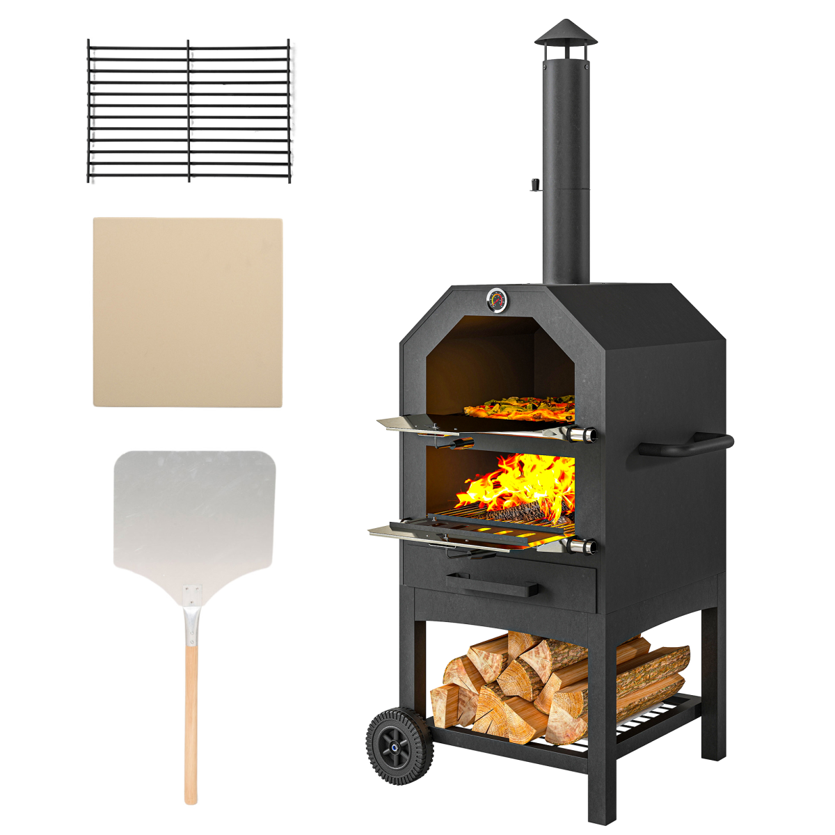 Outsunny Charcoal Pizza Oven Grill with Rain Cover, Thermometer, Wheels & Storage Shelf – Outdoor Garden Cooking, Black