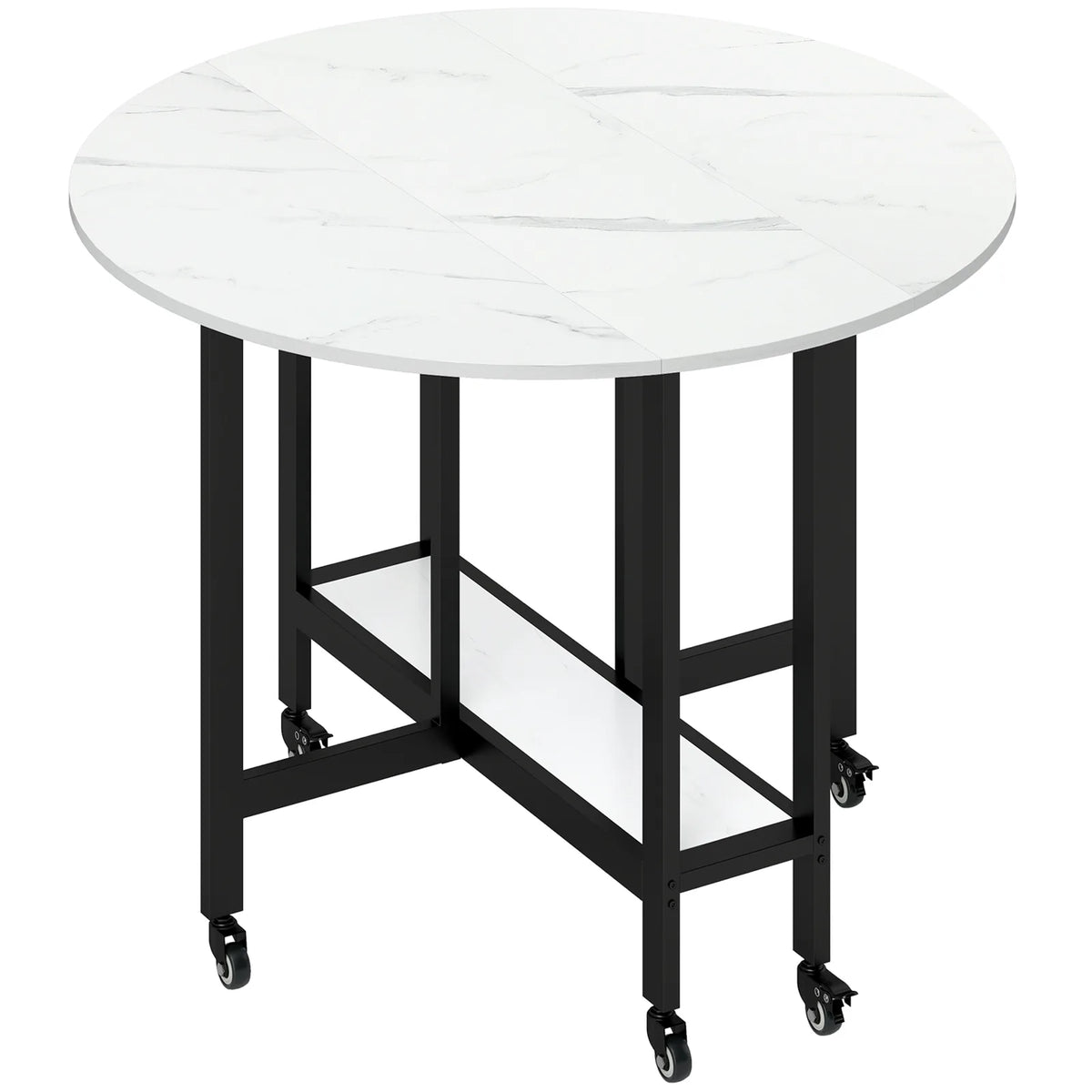 HOMCOM Folding Drop Leaf Dining Table with Open Shelf and Lockable Wheels – Small Spaces, White Marble