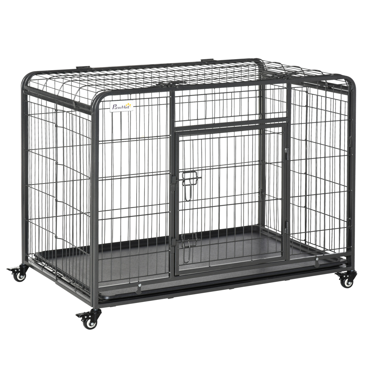 PawHut Foldable Metal Dog Crate with Lockable Doors, Wheels & Removable Tray – Large Dog Kennel