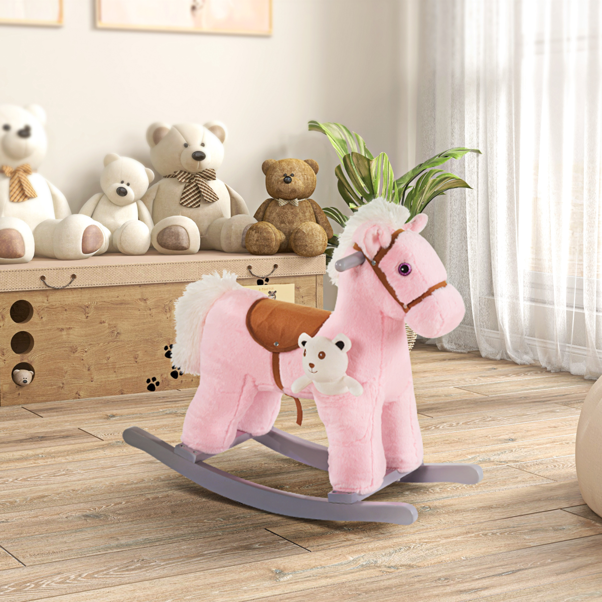 Kids Plush Rocking Horse with Padded Seat & Animal Sounds – Ride-On Toy for Toddlers 3+ Years, Pink