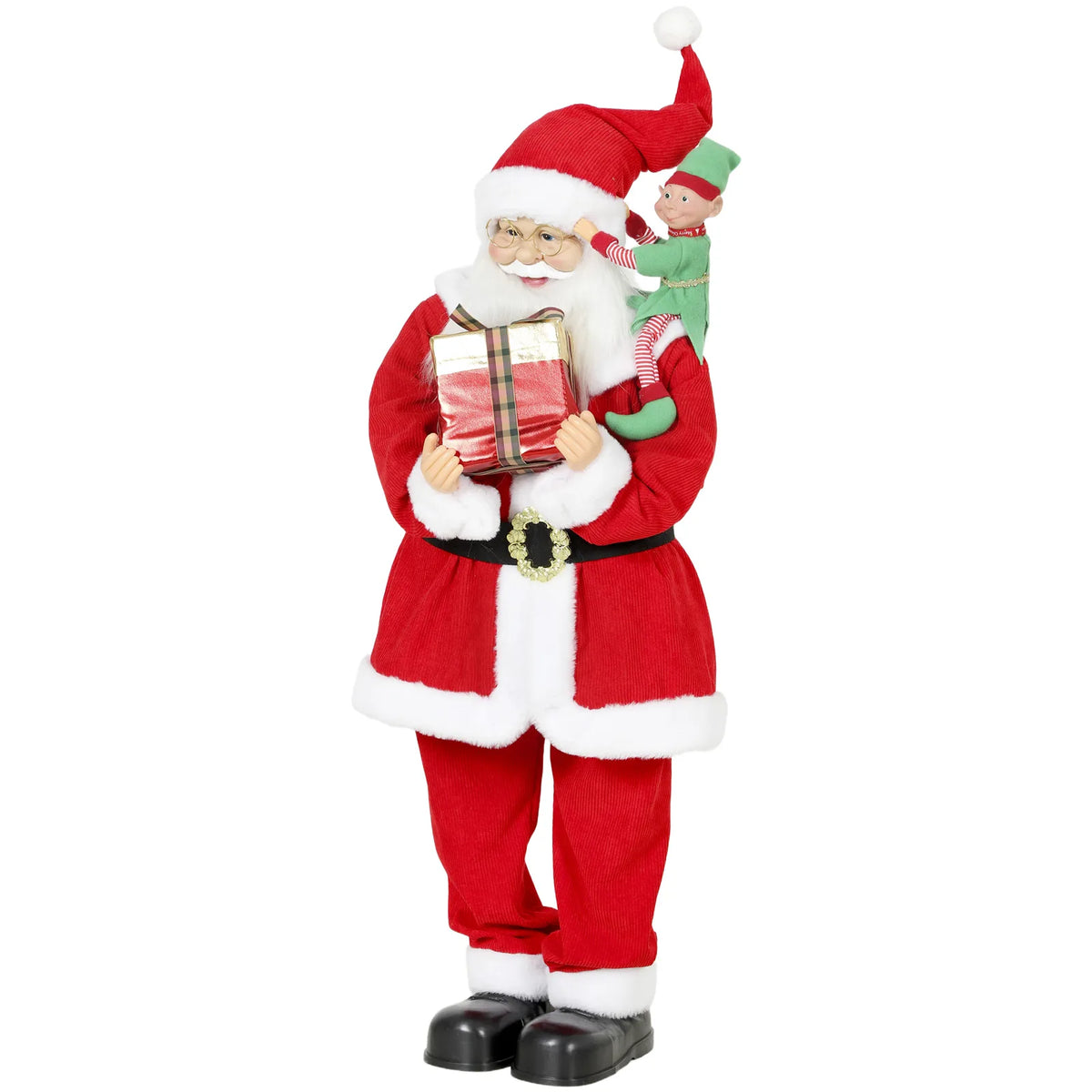 HOMCOM 4ft Singing Dancing Santa Claus with Elf and Gift Box – Animated Christmas Figure, Sound and Touch Activated
