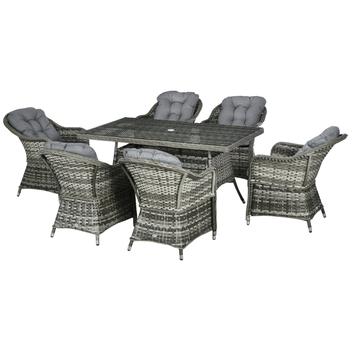 Outsunny 7-Piece Rattan Garden Dining Set with Tempered Glass Table, Umbrella Hole & Cushioned Armchairs