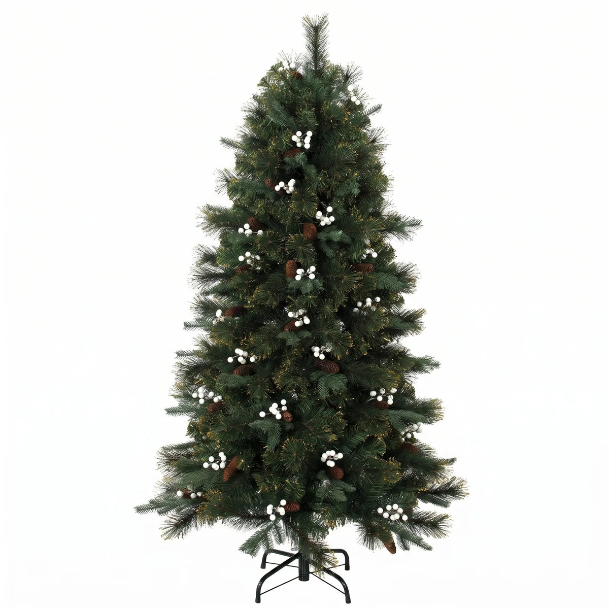 HOMCOM 5ft Pre-Decorated Artificial Christmas Tree – Hinged Fir with 490 Branch Tips, Berries and Foldable Metal Stand, Green