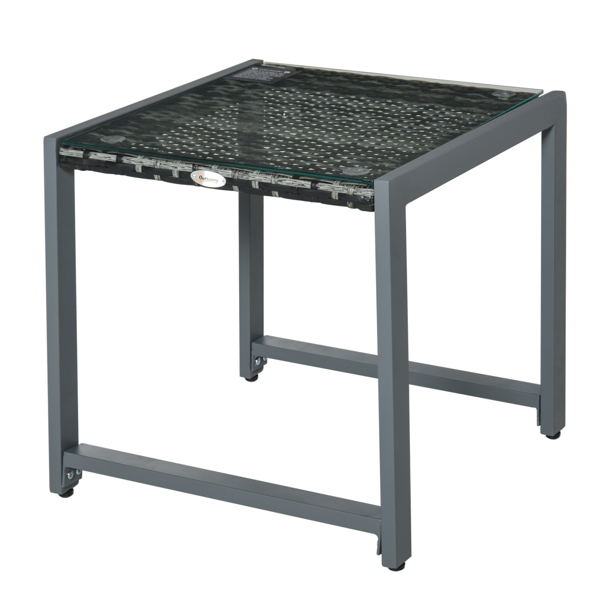 Outsunny Rattan Side Table with Tempered Glass Top & Aluminium Frame – Outdoor Patio Coffee Table, Grey