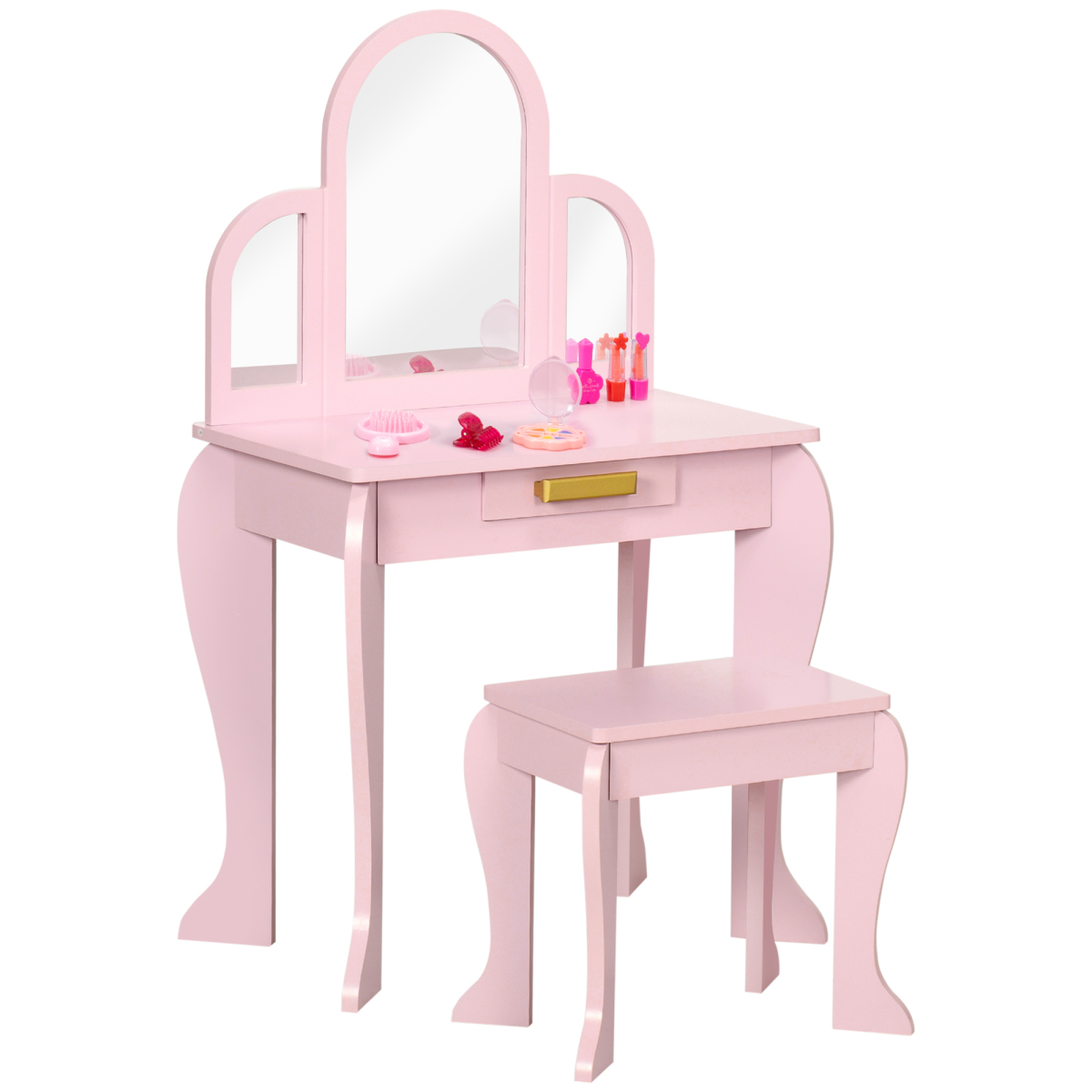 Kids Dressing Table and Stool Set with Mirror and Drawer – Vanity Table for Ages 3-6 Years, Pink