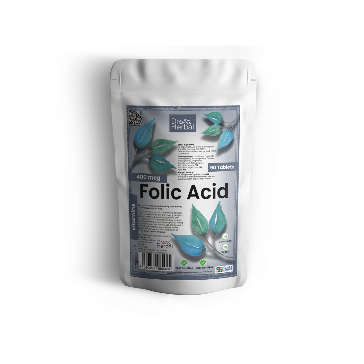 Dr Herbal Folic Acid 400µg Daily Supplement Tablets – Everyday Wellbeing, 90 Tablets