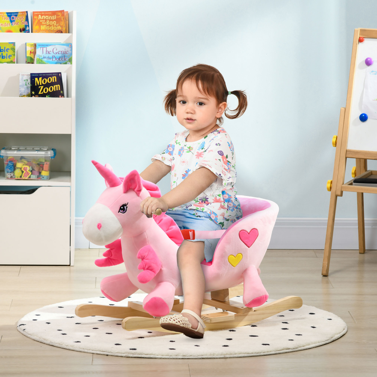 Kids Rocking Horse with Metal Frame, Seatbelt & 32 Songs – Toddler Ride-On Toy for Ages 18+ Months, Pink