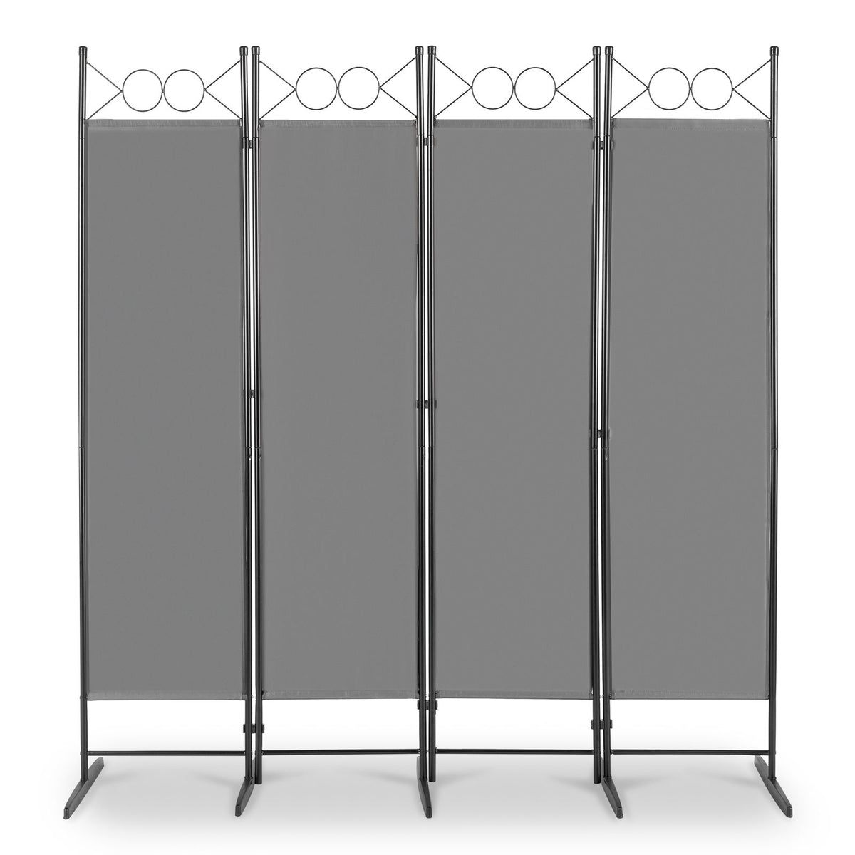 5.7ft 4-Panel Folding Room Divider with Shaped Top – Polyester Fabric Privacy Screen, Steel Frame, Grey