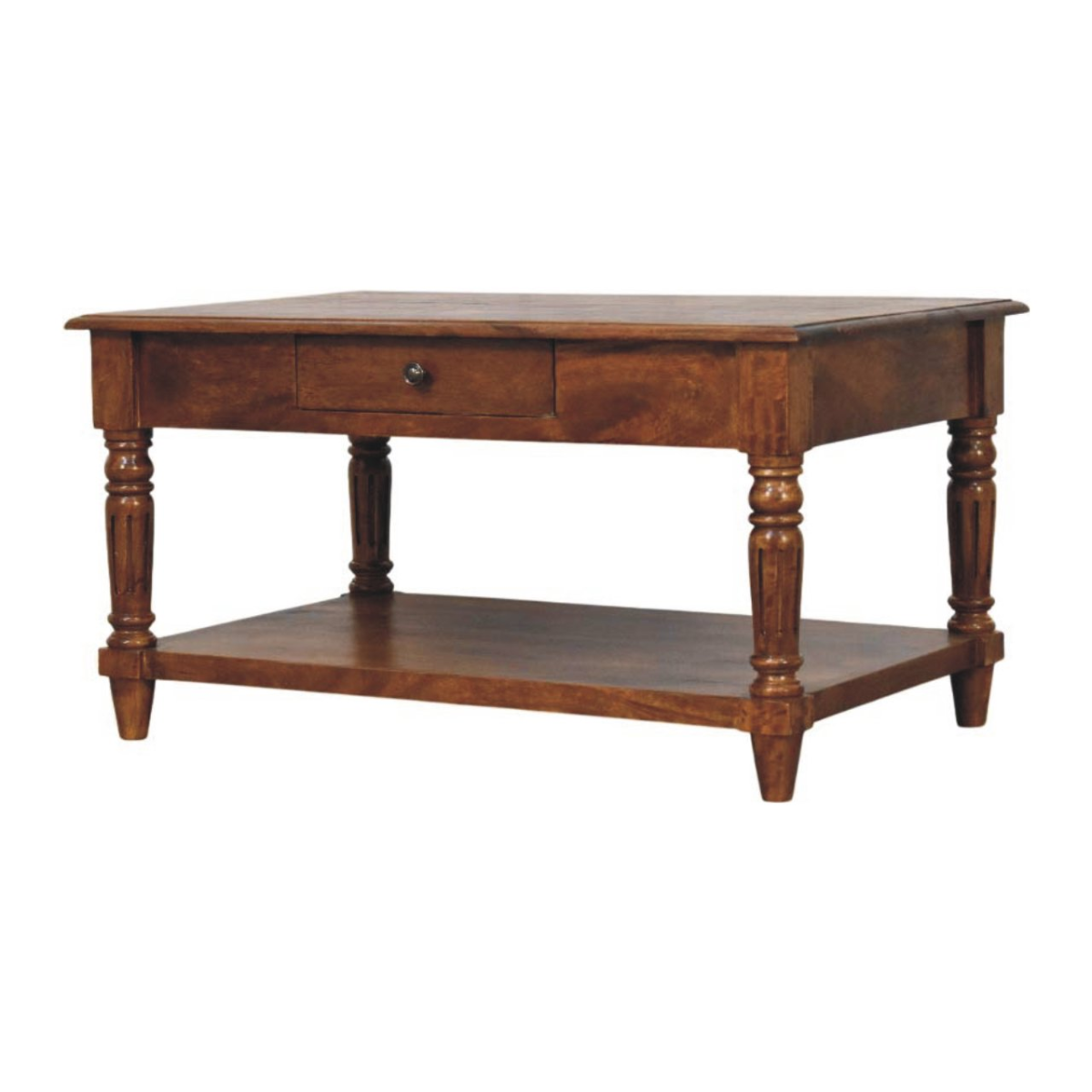 Artisan Furniture Solid Wood Turned Legs Coffee Table with 2 Drawers and Shelf – Living Room, Dark Brown