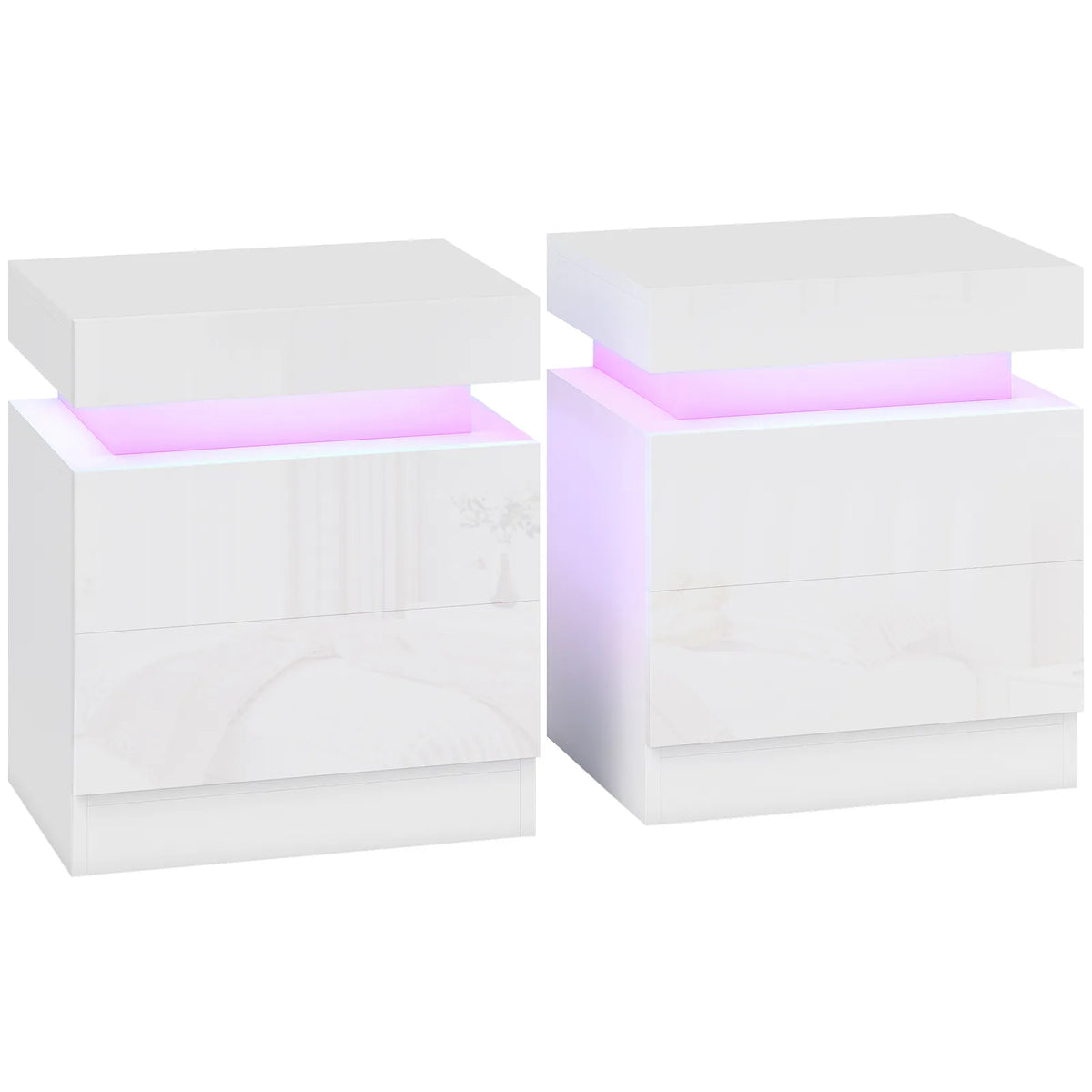 HOMCOM Set of 2 White Bedside Tables with LED Light and 2 Drawers – High Gloss Nightstands for Bedroom