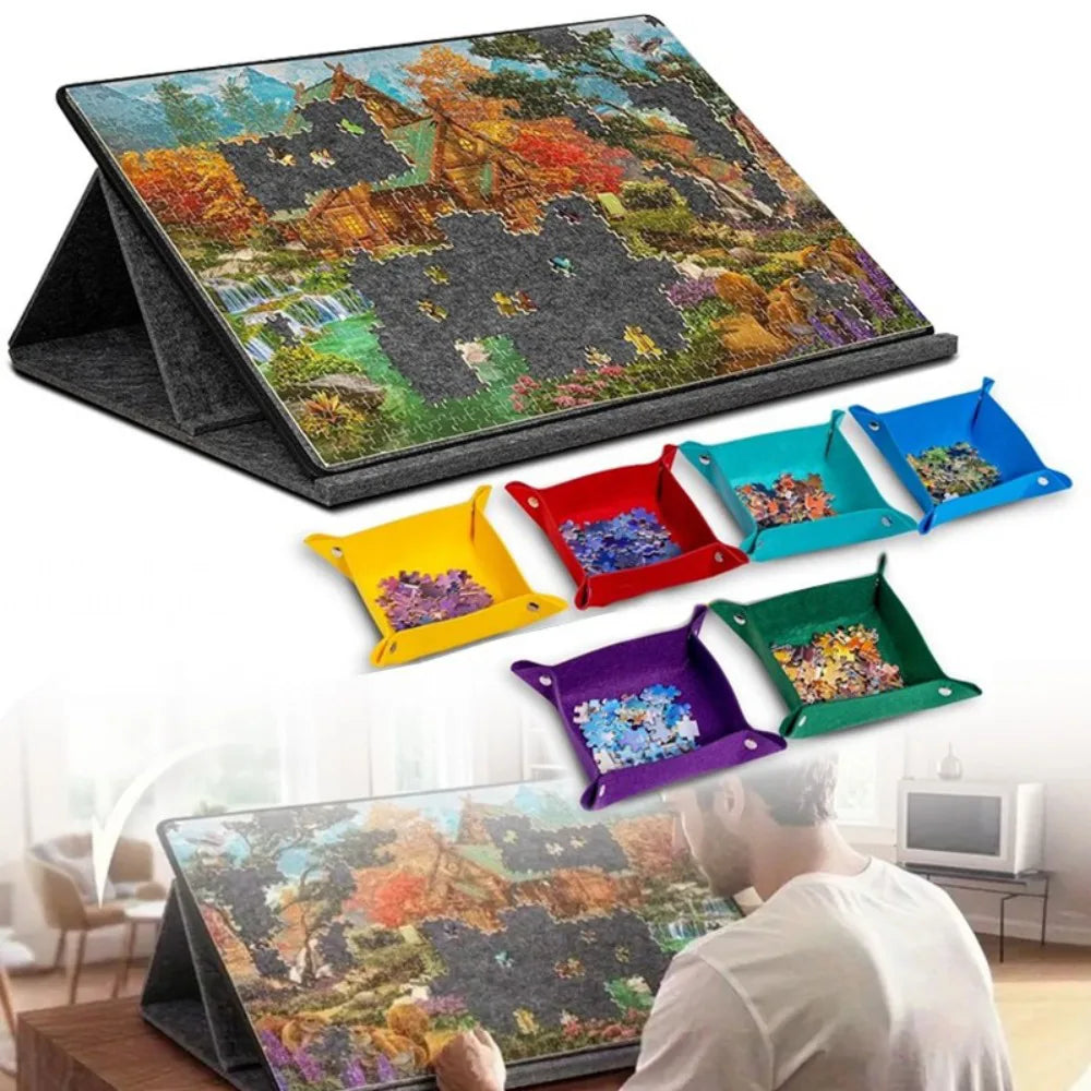 Portable Felt Jigsaw Puzzle Board for 1000 Pieces with 6 Sorting Trays and Cover – Puzzle Table, Grey