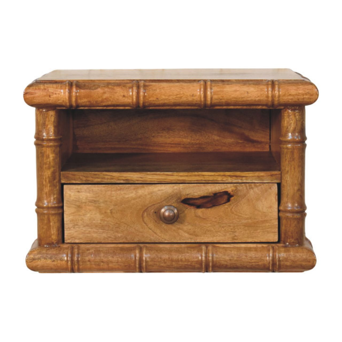 Artisan Furniture Solid Wood Bamboo Open Bedside with 1 Drawer & 1 Shelf – Amber Oak Finish, Brown