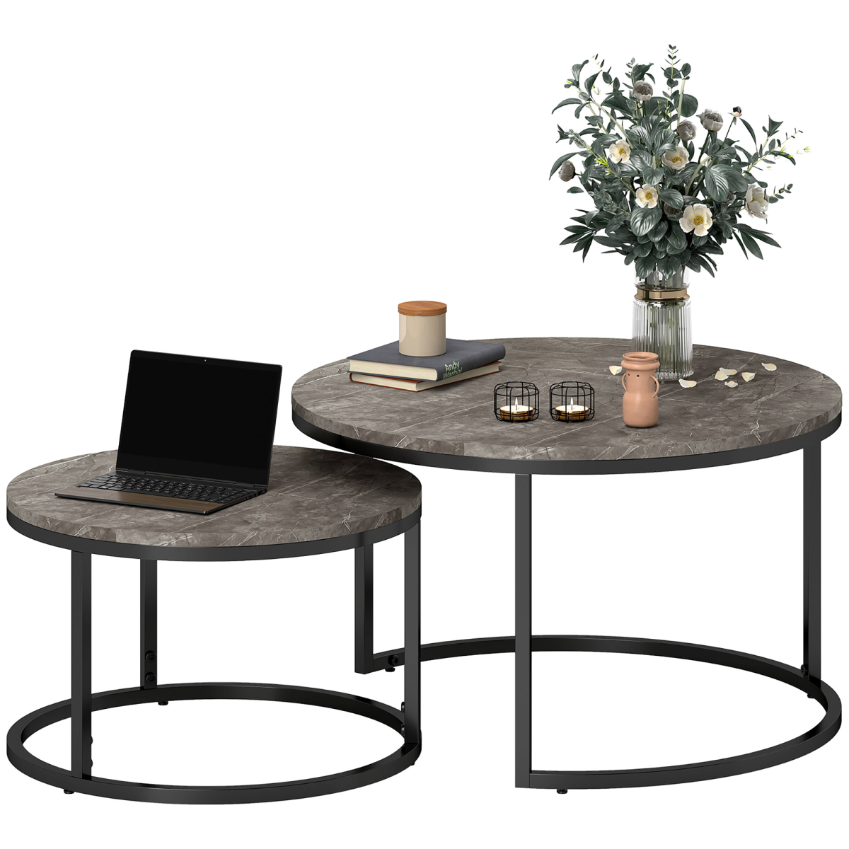 HOMCOM Set of 2 Stacking Coffee Tables with Steel Frame & Marble-Effect Round Tops – Nest of Tables