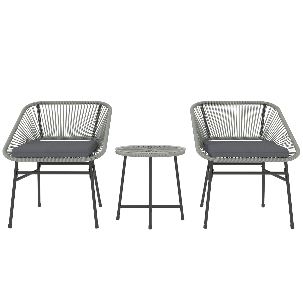 Outsunny 3-Piece Rattan Bistro Set with Cushions & Tempered Glass Table – Balcony Patio Furniture, Light Grey