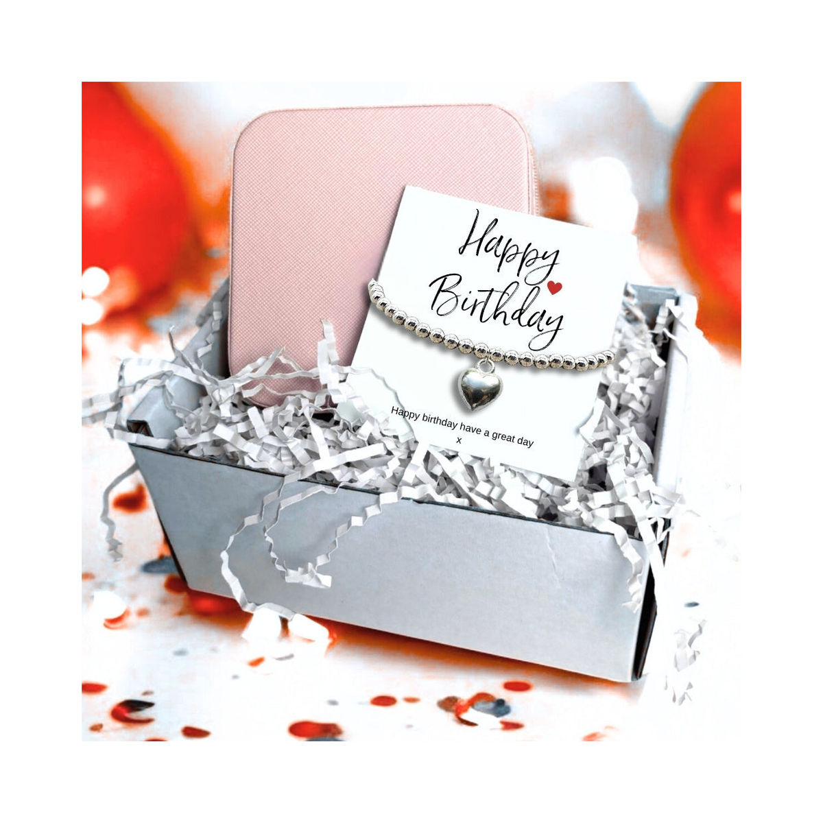 Happy Birthday Silver Plated Beaded Heart Bracelet with Pink Jewellery Box – Letterbox Friendly Gift Set