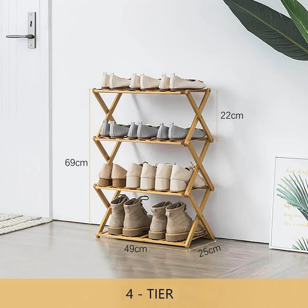 Foldable 4-Tier Bamboo Shoe Rack – No Assembly Required, Natural