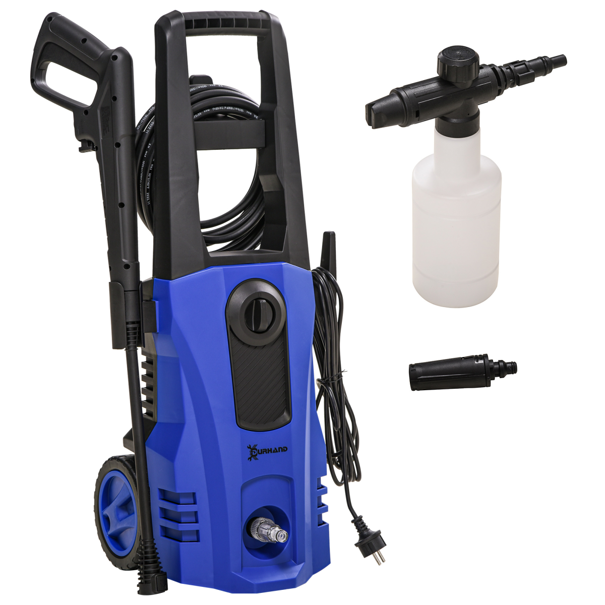 DURHAND 1800W Pressure Washer, 150 Bar, 510 L/h with Snow Foam Bottle & Hose Reel – Car & Patio Cleaner, Blue