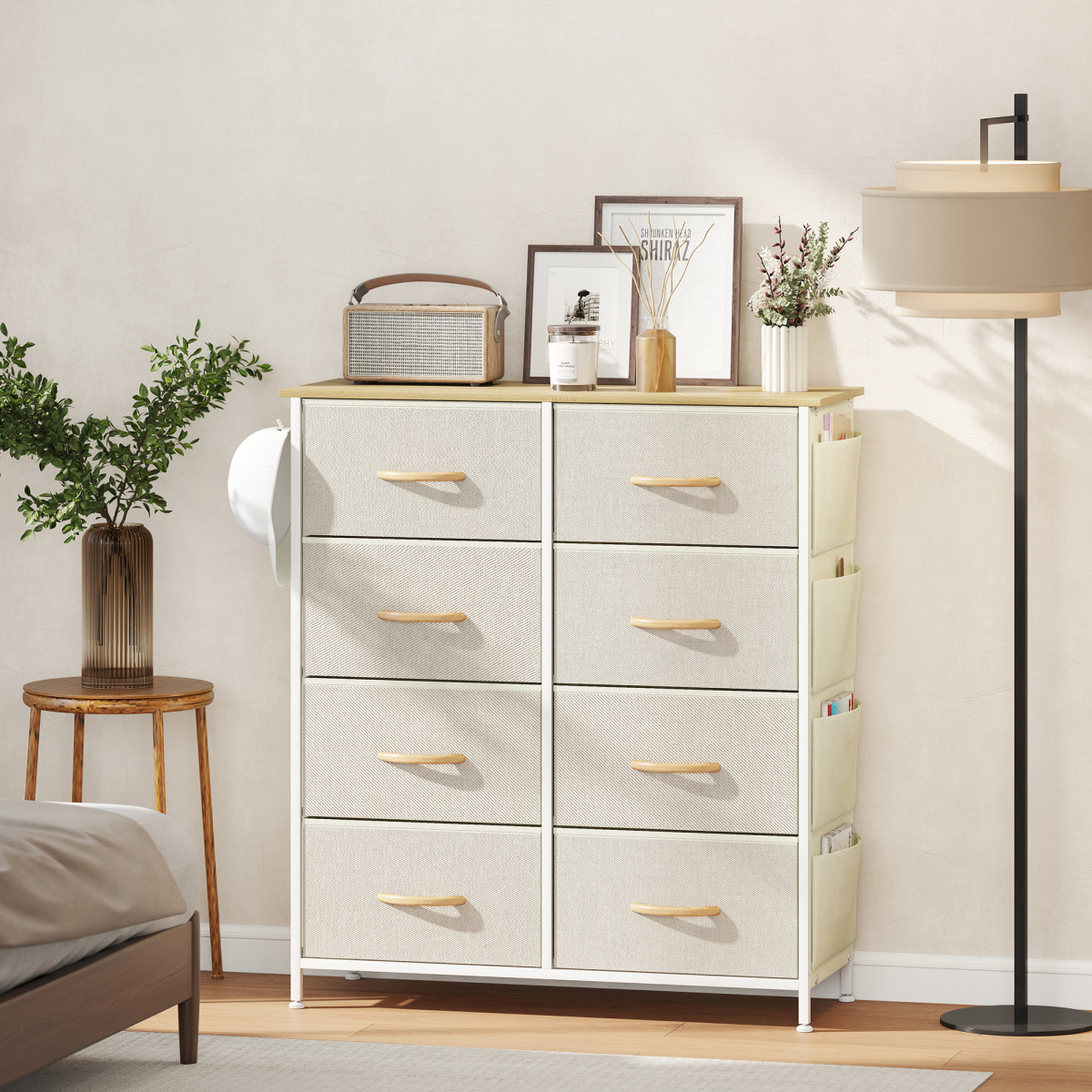 Fabric Chest of Drawers with 8 Drawers, Side Pockets & Hooks – Steel Frame Storage Unit, Beige and Natural Wood