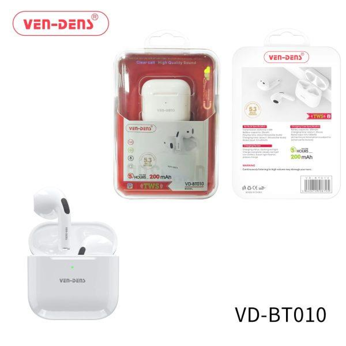 Ven-Dens TWS HD Sound Wireless Bluetooth 5.3 Earbuds with Charging Case – 10m Range