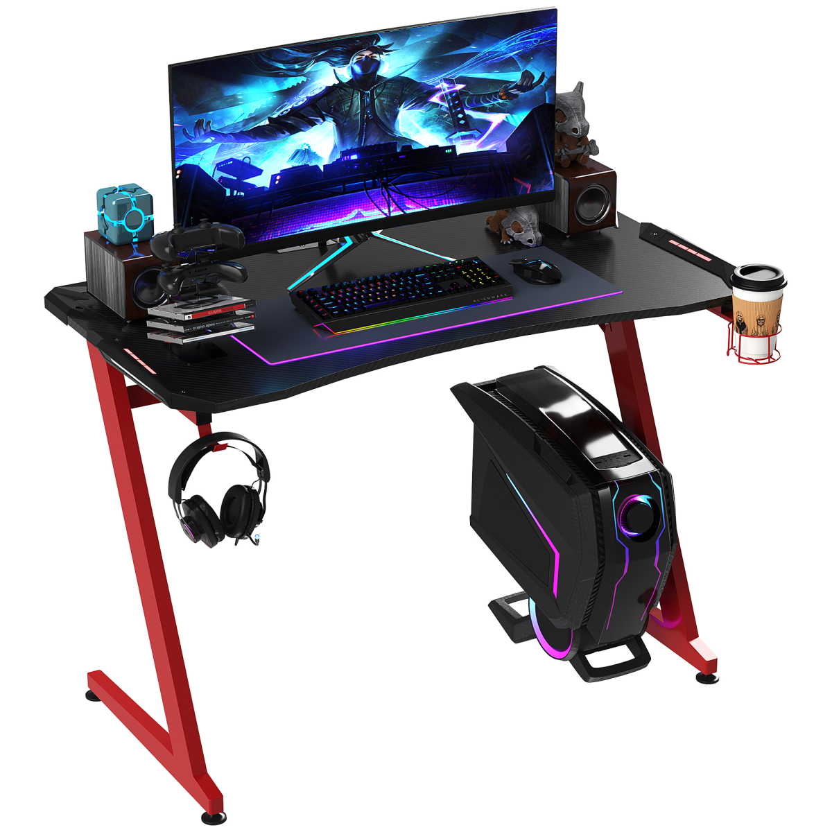 HOMCOM Gaming Desk with Cup Holder, Headphone Hook and Gamepad Holder – Large Tabletop Home Office Desk