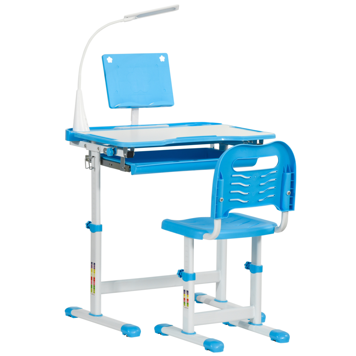 HOMCOM Kids Study Desk and Chair Set with USB Lamp, Tiltable Tabletop and Adjustable Height, Blue
