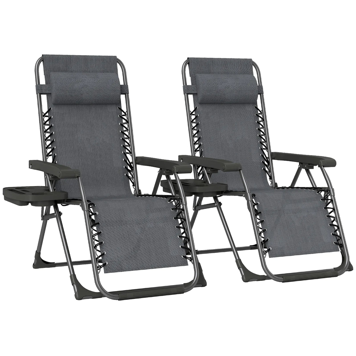 Outsunny Set of 2 Zero Gravity Chairs with Cup Holder and Headrest – Folding Reclining Garden Loungers, Grey