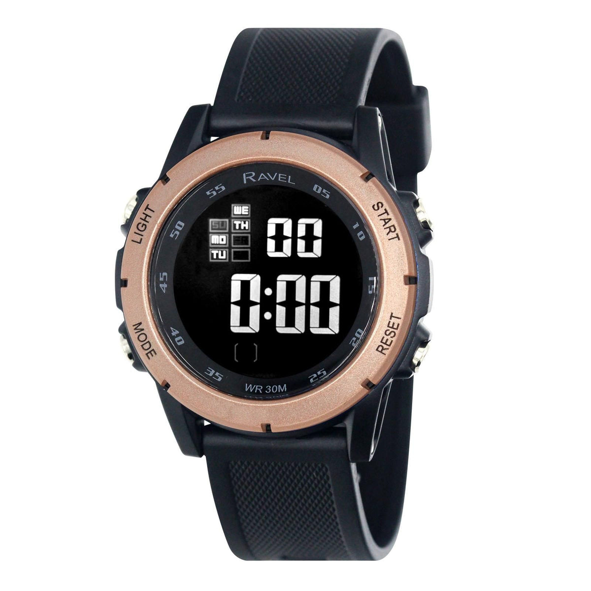 Ravel Men’s 3ATM Digital Sports Watch in Black and Bronze with Stopwatch, Alarm and Backlight – Model RDG.14.23