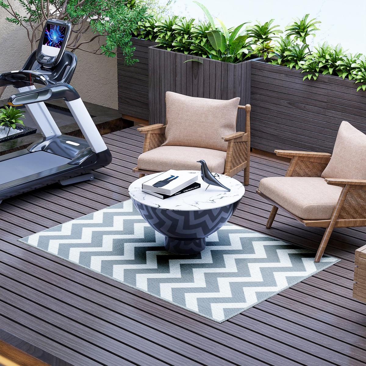 Outsunny Outdoor Rug, 1.2 x 1.8m Patio Floor Mat, Grey & White